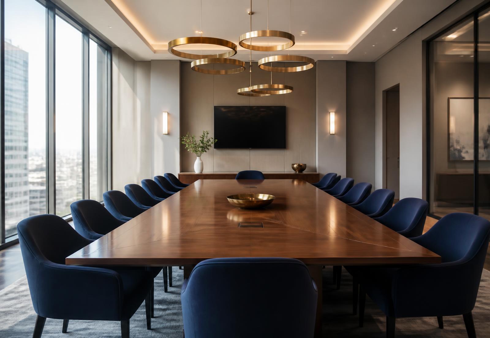 Modern executive boardroom with navy chairs and a long wooden conference table